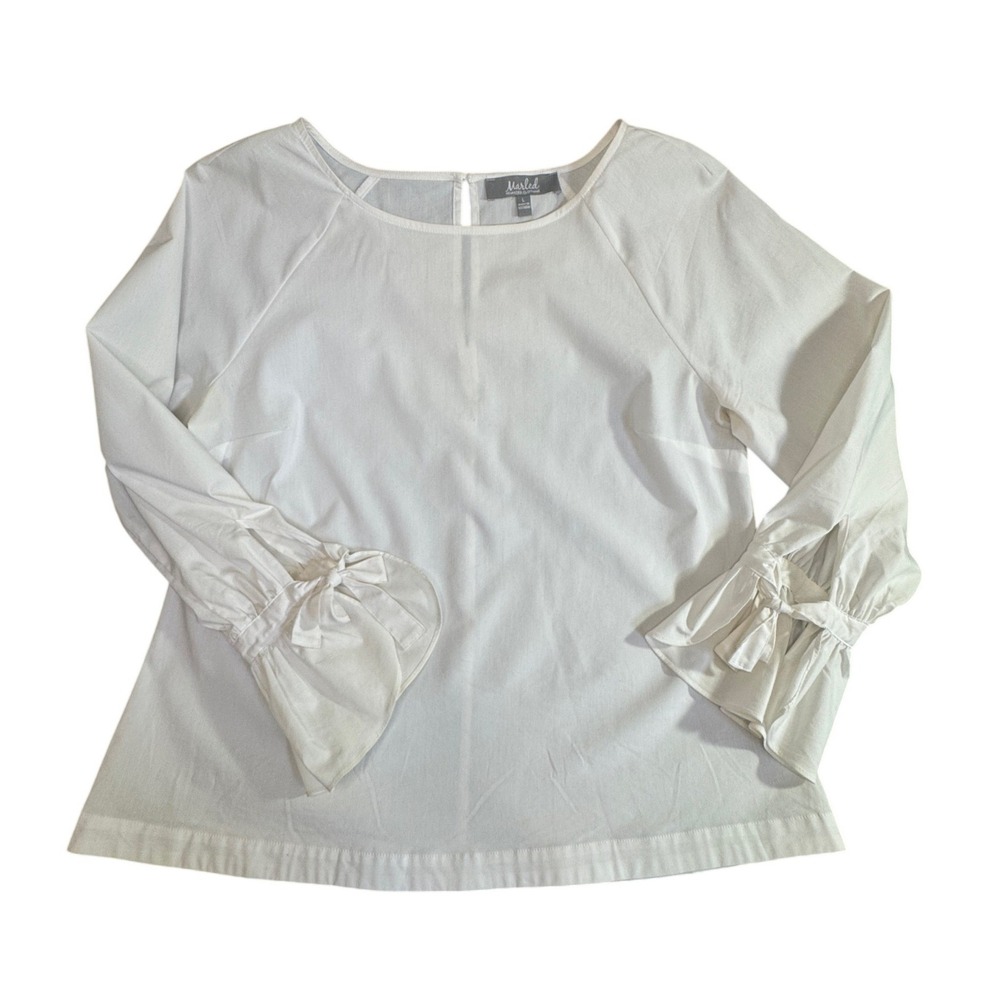 Marled Reunited Clothing Women White Bell Sleeve Bow Cuff Blouse Top Size L